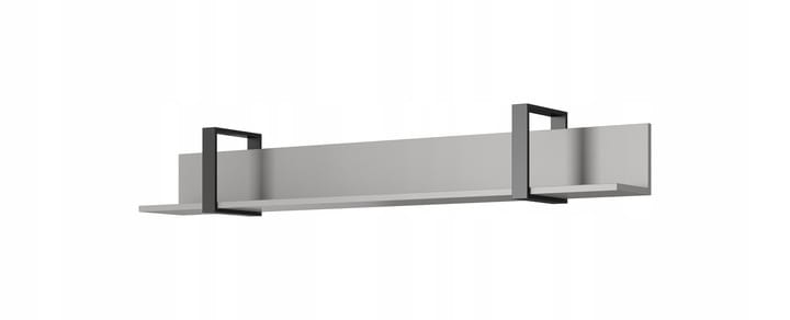 Schlichtes graues Wandregal mit zwei schwarzen Metallhalterungen im modernen Design.