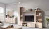 Helles Wohnzimmer-Set mit TV-Wand und Sideboard in natürlicher Eichenoptik.