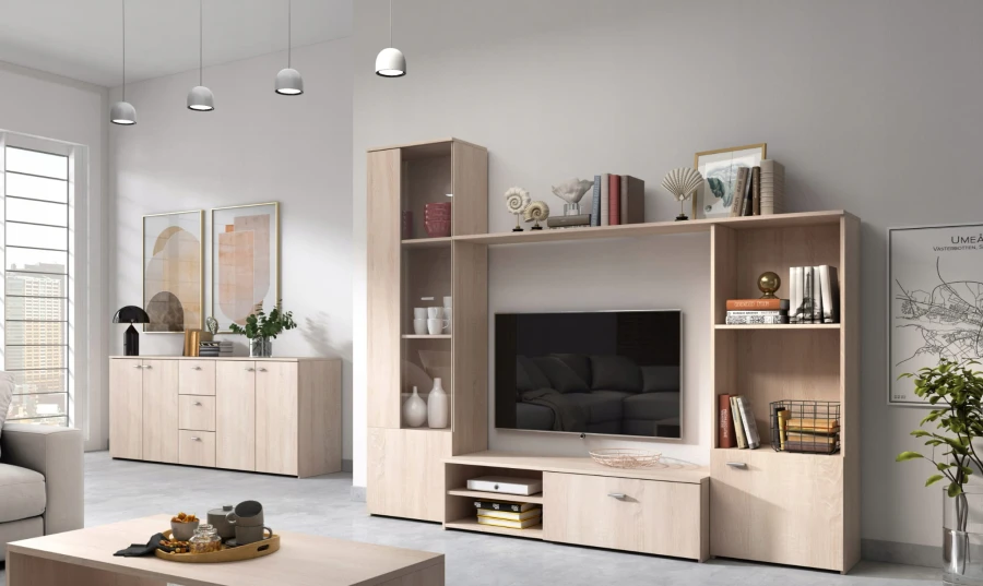Helles Wohnzimmer-Set mit TV-Wand und Sideboard in natürlicher Eichenoptik.