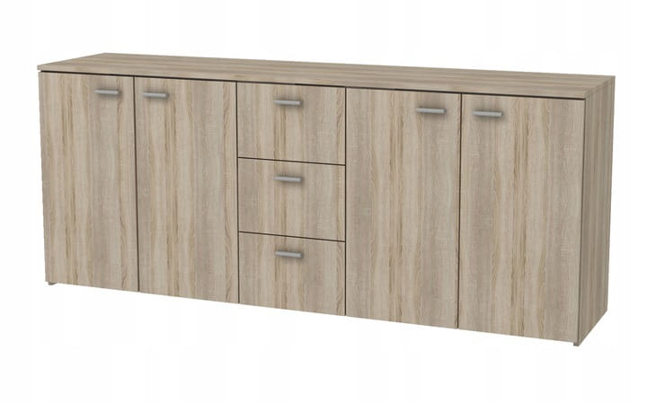 Modernes Sideboard in Sonoma Eiche Optik mit vier Türen und drei praktischen Schubladen.