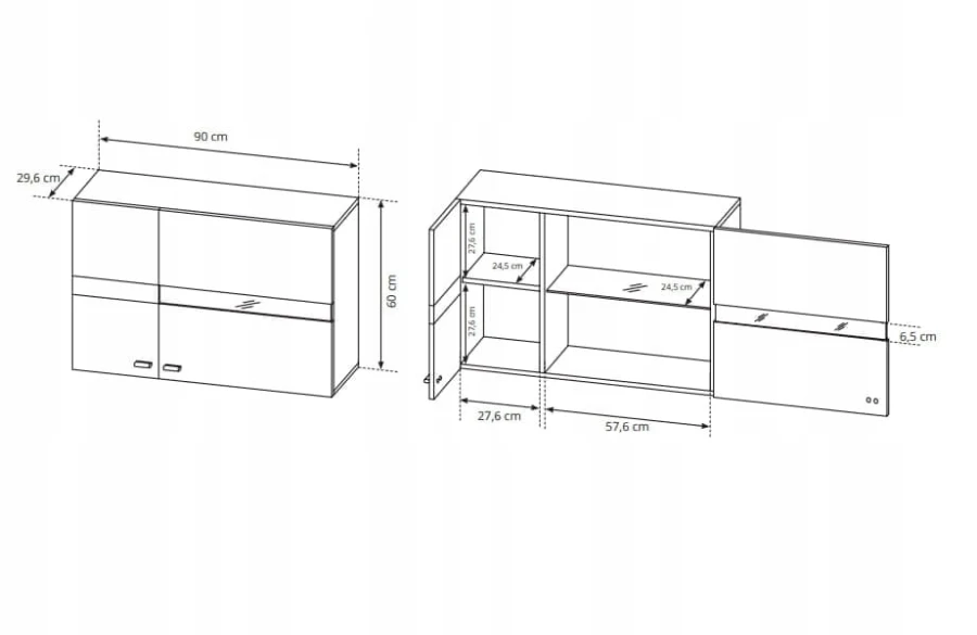Technische Zeichnung eines Hängeschranks mit Maßen 90x60x29,6 cm, Ansicht offen und geschlossen.