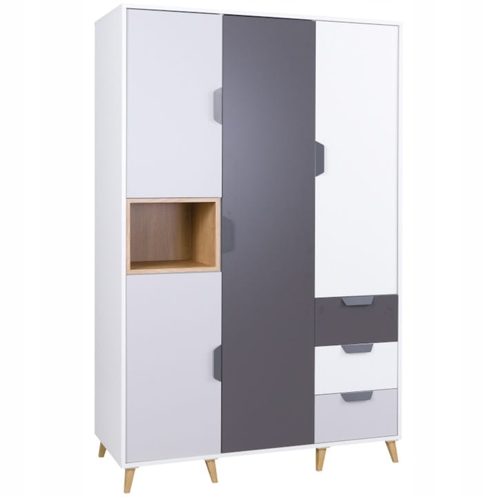 Modern wardrobe in white-grey with wooden details and slanted legs in Scandinavian style.