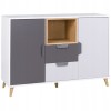 Scandinavian sideboard in white and grey with an open wooden compartment and elegant wooden feet.