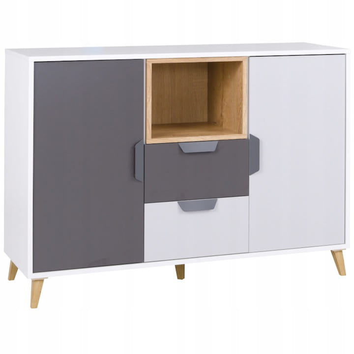 Skandinavisches Sideboard in Weiß und Grau mit offenem Holzfach und eleganten Holzfüßen.