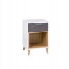 Nightstand in white and grey with drawer and open compartment in Scandinavian design.