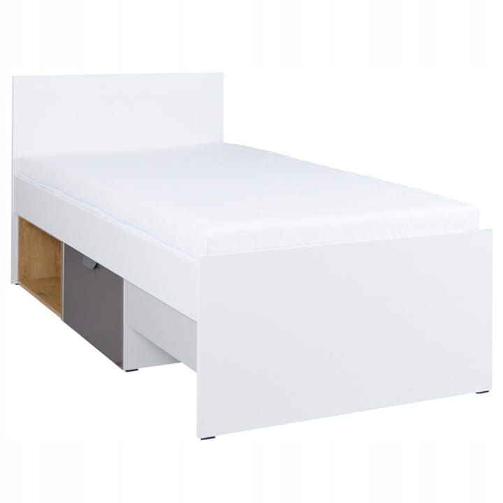 White youth bed with mattress, grey drawer and open wooden compartment.