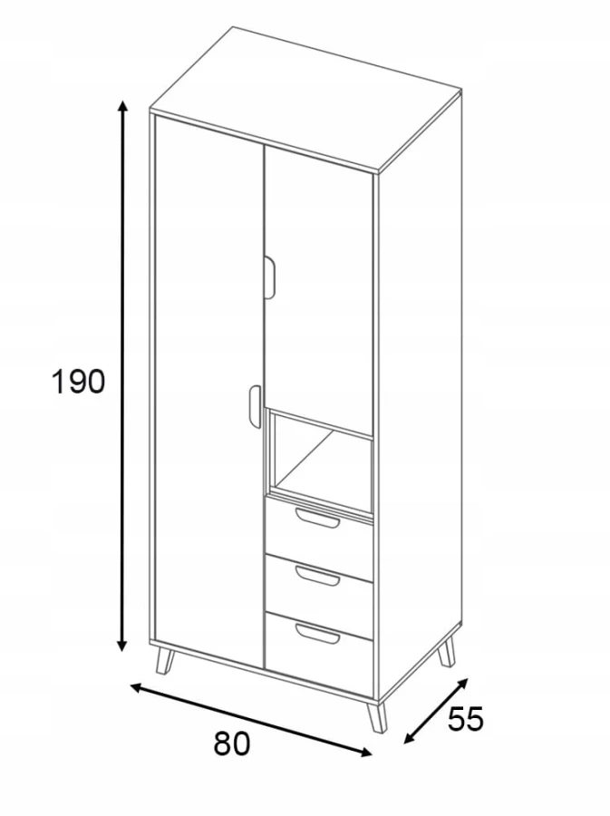 Afmetingen kledingkast: technische tekening met 190 cm hoogte, 80 cm breedte en 55 cm diepte.