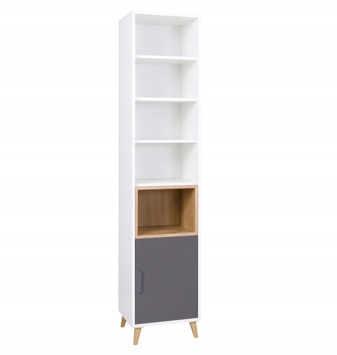 Narrow standing shelf in white and grey with wooden compartments in modern Scandinavian design.
