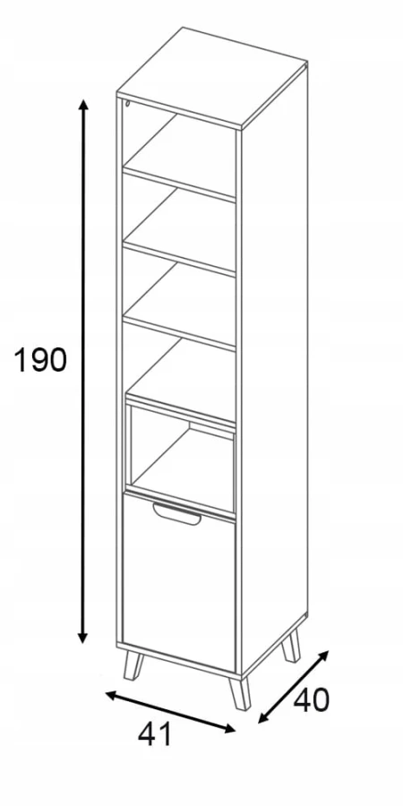 Maatschets van een smalle kast: 190 cm hoogte, 41 cm breedte en 40 cm diepte.