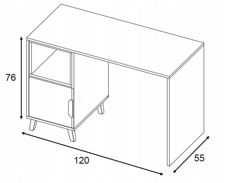 Technische tekening bureau: afmetingen 76 cm hoogte, 120 cm breedte, 55 cm diepte.