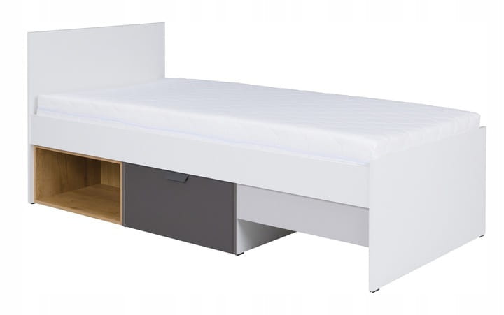 Weißes Jugendbett mit integriertem Stauraum, grauer Schublade und Fach.