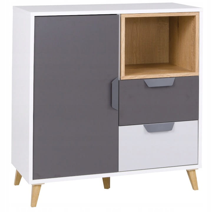 Modern chest of drawers in white and grey with open compartment in oak look.