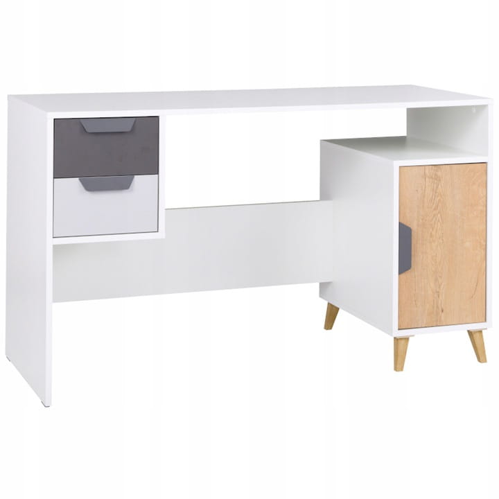 Moderner weißer Schreibtisch mit grauen Schubladen und Holzschrank