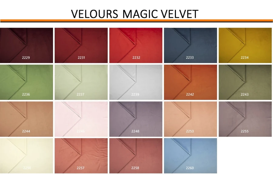 Übersicht der Stoffmuster für Velours Magic Velvet in diversen Farben.