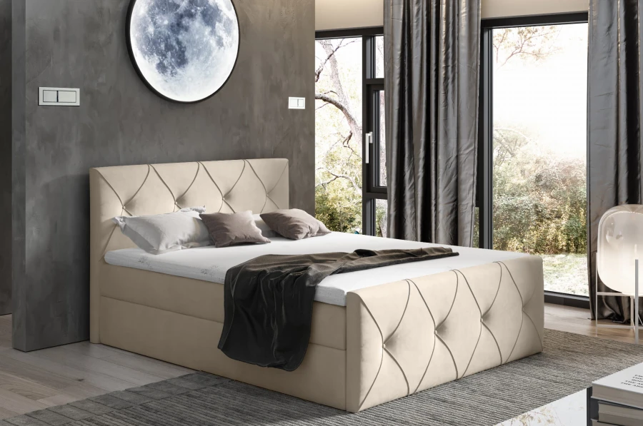 Modernes Polsterbett in Beige mit eleganter Rautensteppung für das Schlafzimmer.