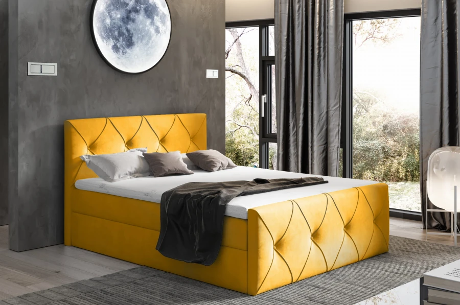 Stylisches Polsterbett in Gelb mit markanter Rautensteppung als Blickfang.