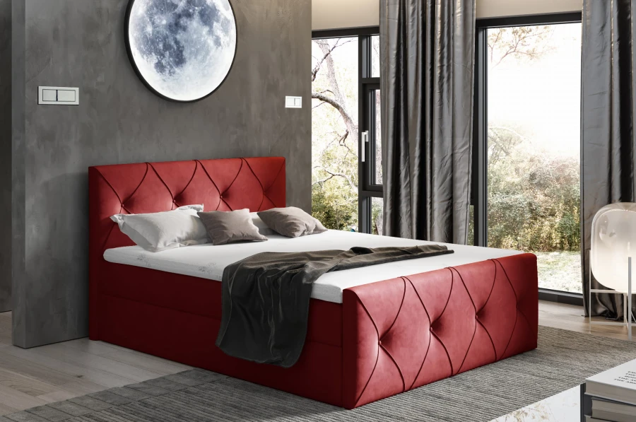 Elegantes rotes Polsterbett mit Rautenmuster für ein modernes Schlafzimmer-Ambiente.