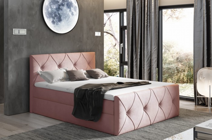 Modernes Polsterbett in Rosa mit eleganter Rautensteppung für ein stilvolles Schlafzimmer.