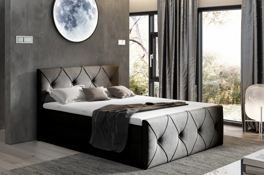 Luxuriöses schwarzes Polsterbett mit markanter Rautensteppung in einem modernen Zimmer.