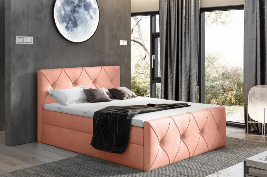 Stilvolles Boxspringbett in Lachsfarben mit dekorativer Rautensteppung und gemütlichem Flair.