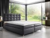 Anthrazitfarbenes Boxspringbett mit gestepptem Kopfteil in modernem Schlafzimmer mit Gartenblick.