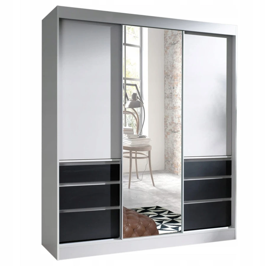 Moderner weißer Schwebetürenschrank mit Spiegeltür und sechs schwarzen Schubladen.