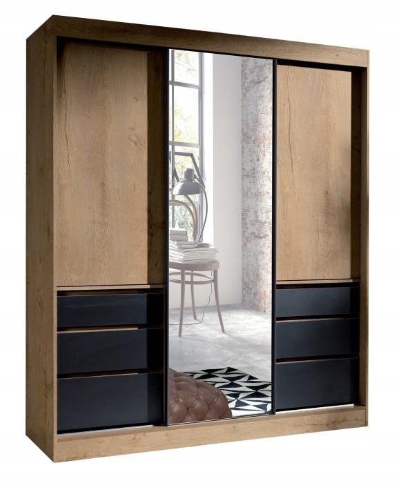 Kleiderschrank in Holzoptik Eiche mit Spiegelfront und kontrastierenden schwarzen Schubladen.