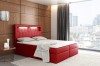 Rotes Boxspringbett als Farbakzent mit LED-Beleuchtung im Kopfteil, modernes Schlafzimmer-Design.
