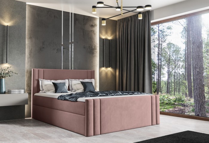 Gemütliches Polsterbett in Altrosa im modern eingerichteten Schlafzimmer mit Fensterfront.