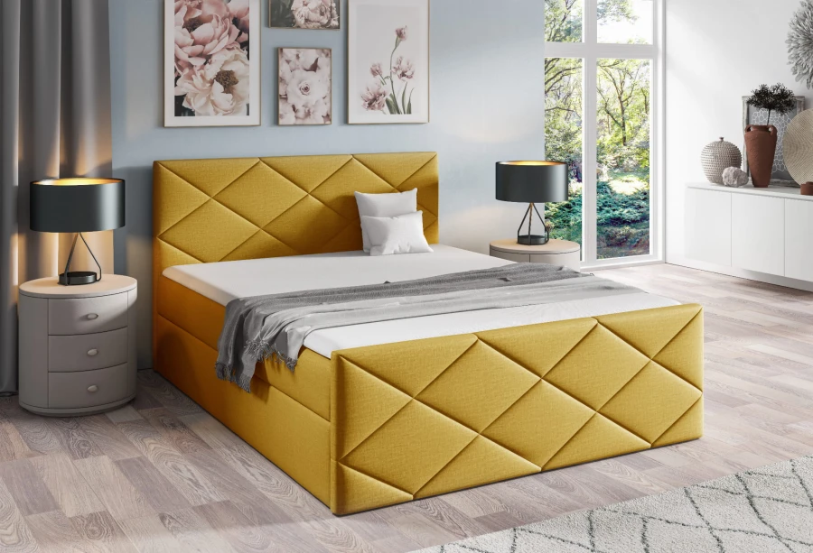 Modernes senfgelbes Polsterbett mit dekorativer Rautensteppung für ein stilvolles Schlafzimmer.