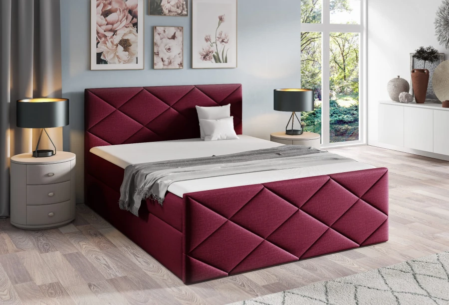 Stilvolles bordeauxrotes Polsterbett mit eleganter Rautensteppung und modernem Design.