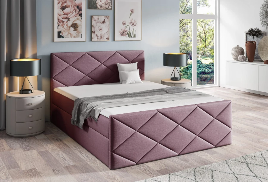 Modernes Boxspringbett in Beere mit Rautensteppung und Polsterkopfteil.
