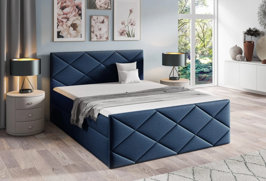 Elegantes Boxspringbett in Dunkelblau mit dekorativer Rautenheftung.
