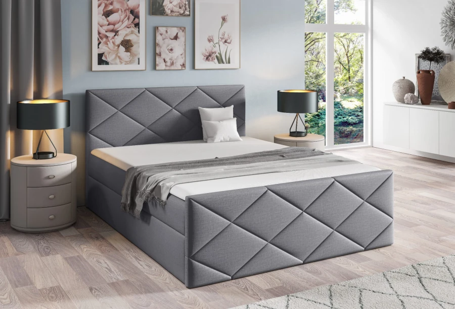 Modernes Boxspringbett in Dunkelgrau mit markantem Rautenmuster.