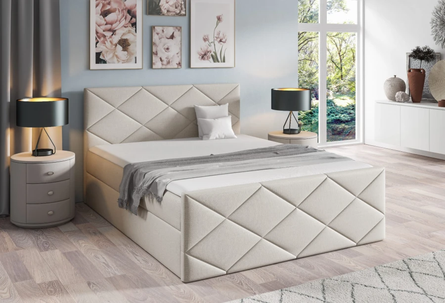Gemütliches Boxspringbett in Beige mit zeitlosem Rautenmuster.