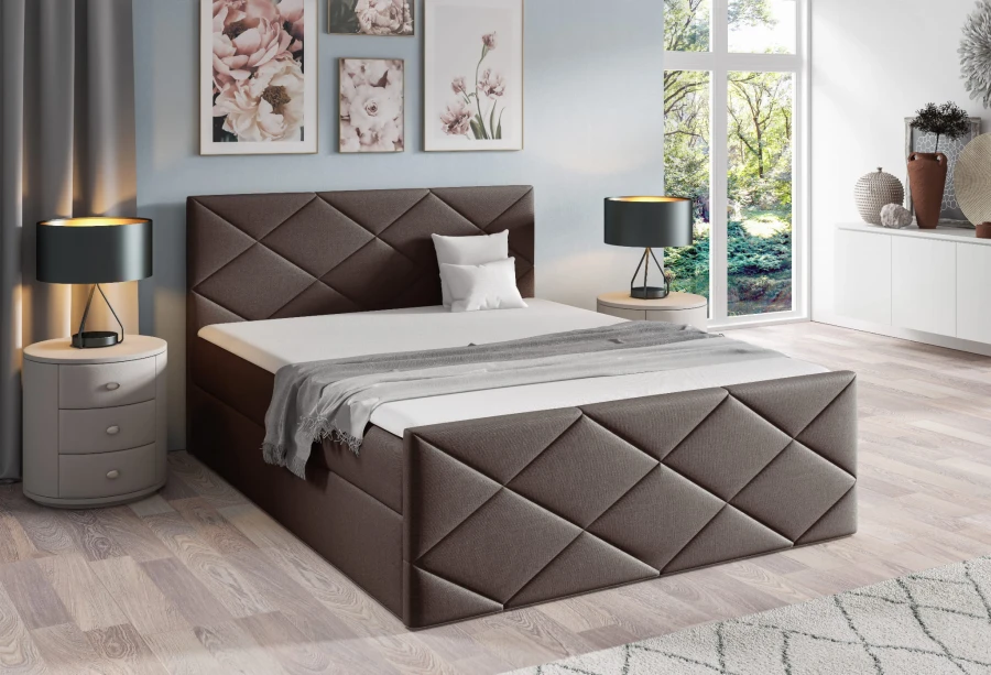 Braunes Polsterbett mit Rautensteppung und modernem Kopfteil für ein elegantes Schlafzimmer-Design.