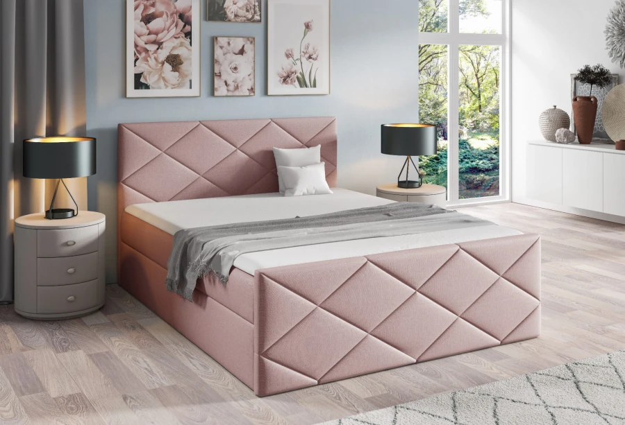 Rosa Polsterbett mit dekorativem Rautenmuster, ideal für eine gemütliche und moderne Schlafzimmereinrichtung.
