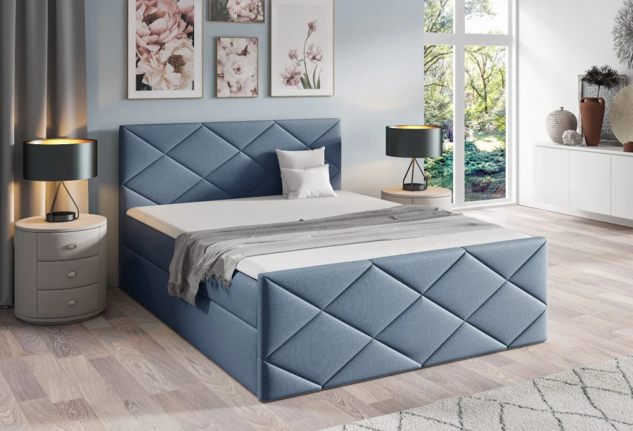 Blaues Polsterbett mit markantem Rautenmuster am Kopfteil für ein modernes und komfortables Schlafzimmer.