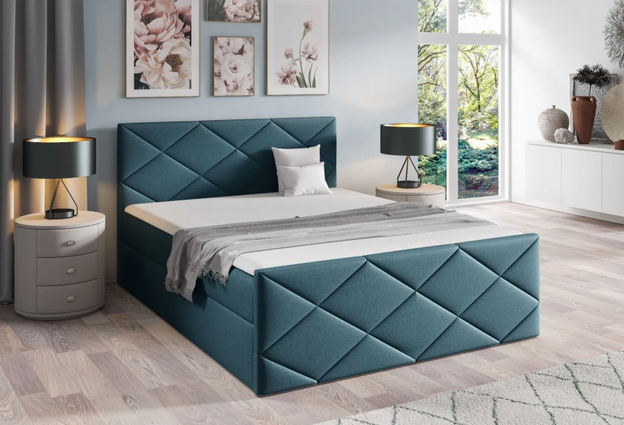 Dunkelblaues Polsterbett mit eleganter Rautensteppung, perfekt für ein hochwertiges Schlafzimmer-Ambiente.