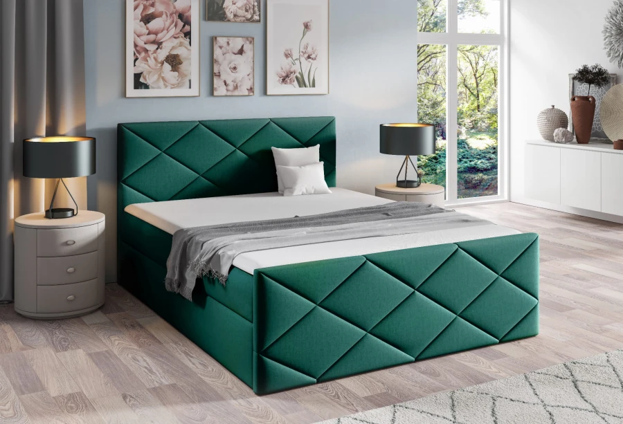 Smaragdgrünes Bett mit auffälliger Rautensteppung für modernes Wohndesign