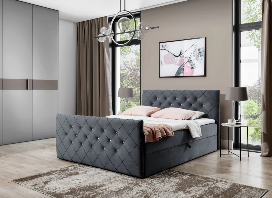 Dunkelgraues Polsterbett mit Rautenmuster und Kristallknöpfen für das Schlafzimmer