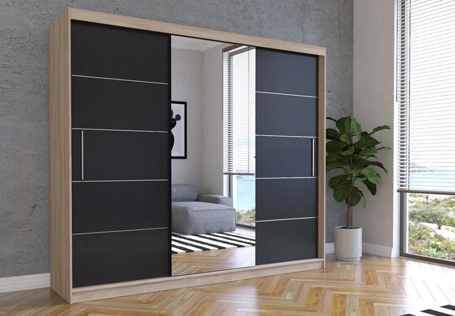 Sliding door wardrobe in oak effect with black doors and mirror, high-quality.