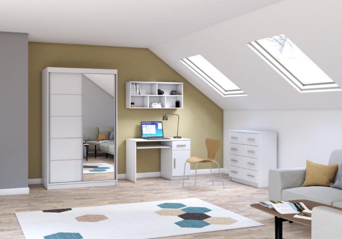 Modernes Jugendzimmer-Set in Weiß: Kleiderschrank mit Spiegel, Schreibtisch und Kommode.