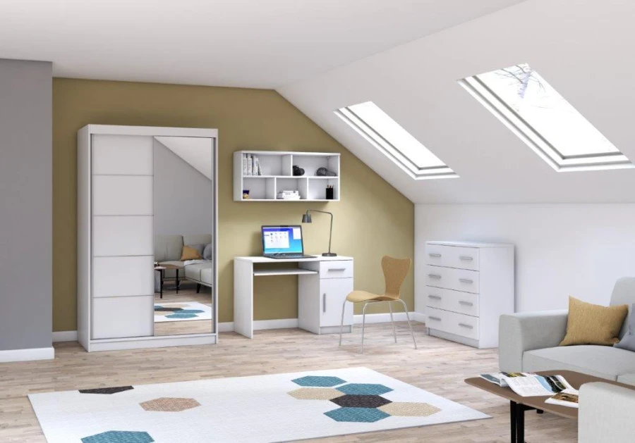 Modernes Jugendzimmer-Set in Weiß: Kleiderschrank mit Spiegel, Schreibtisch und Kommode.