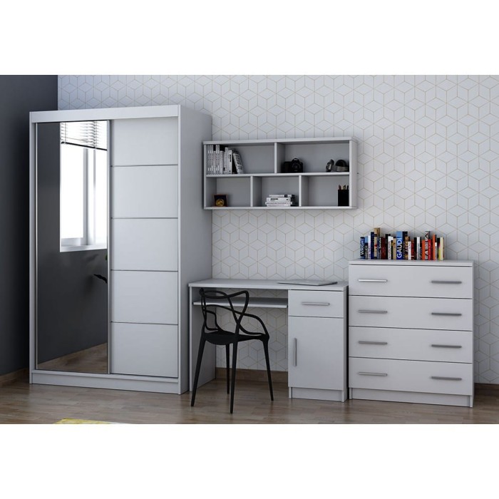 Möbelset in Weiß bestehend aus Kleiderschrank, Schreibtisch, Wandregal und Kommode.
