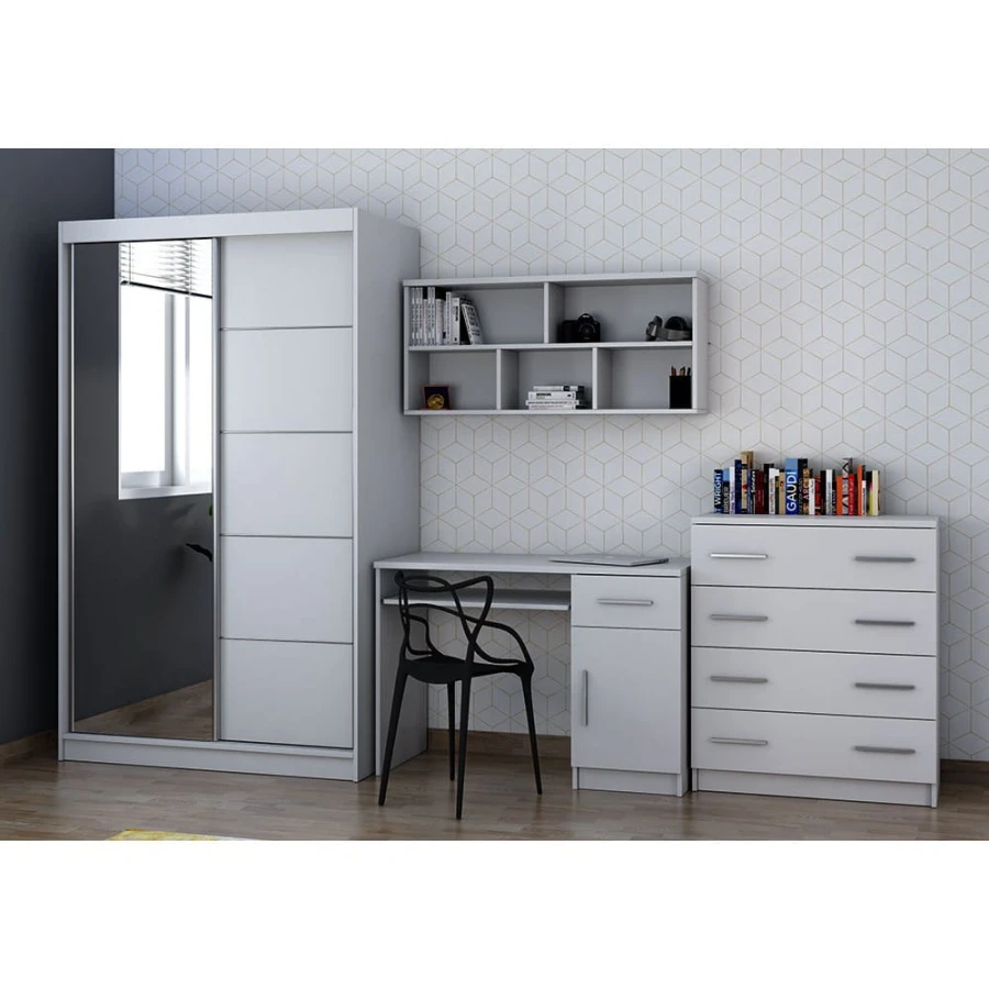 Möbelset in Weiß bestehend aus Kleiderschrank, Schreibtisch, Wandregal und Kommode.
