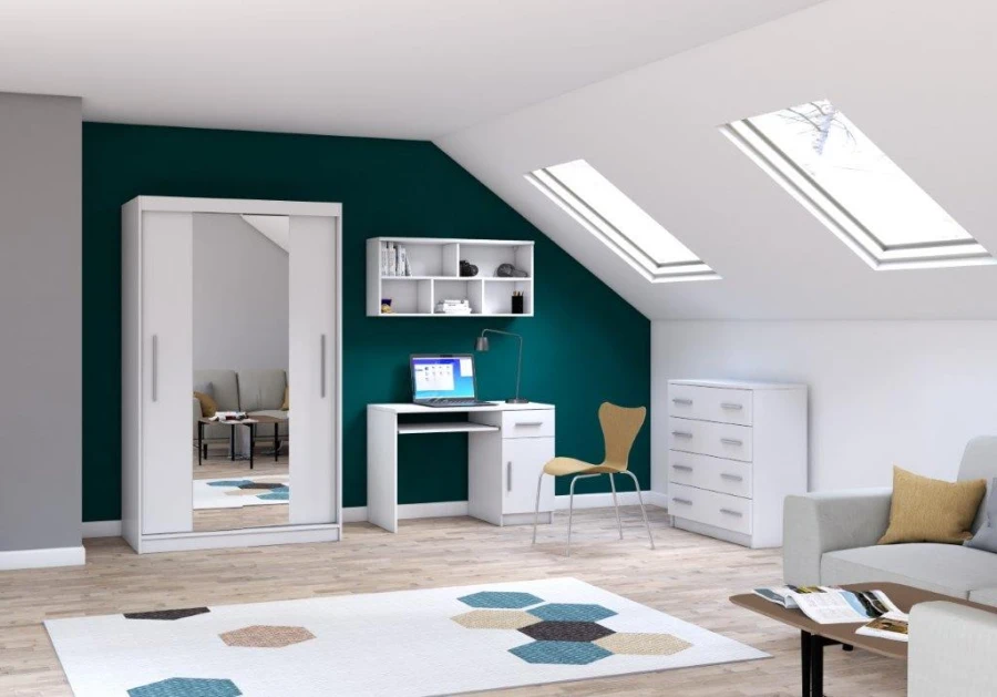 Modernes Jugendzimmer-Set in Weiß mit Schrank, Schreibtisch und Kommode im Dachgeschoss.