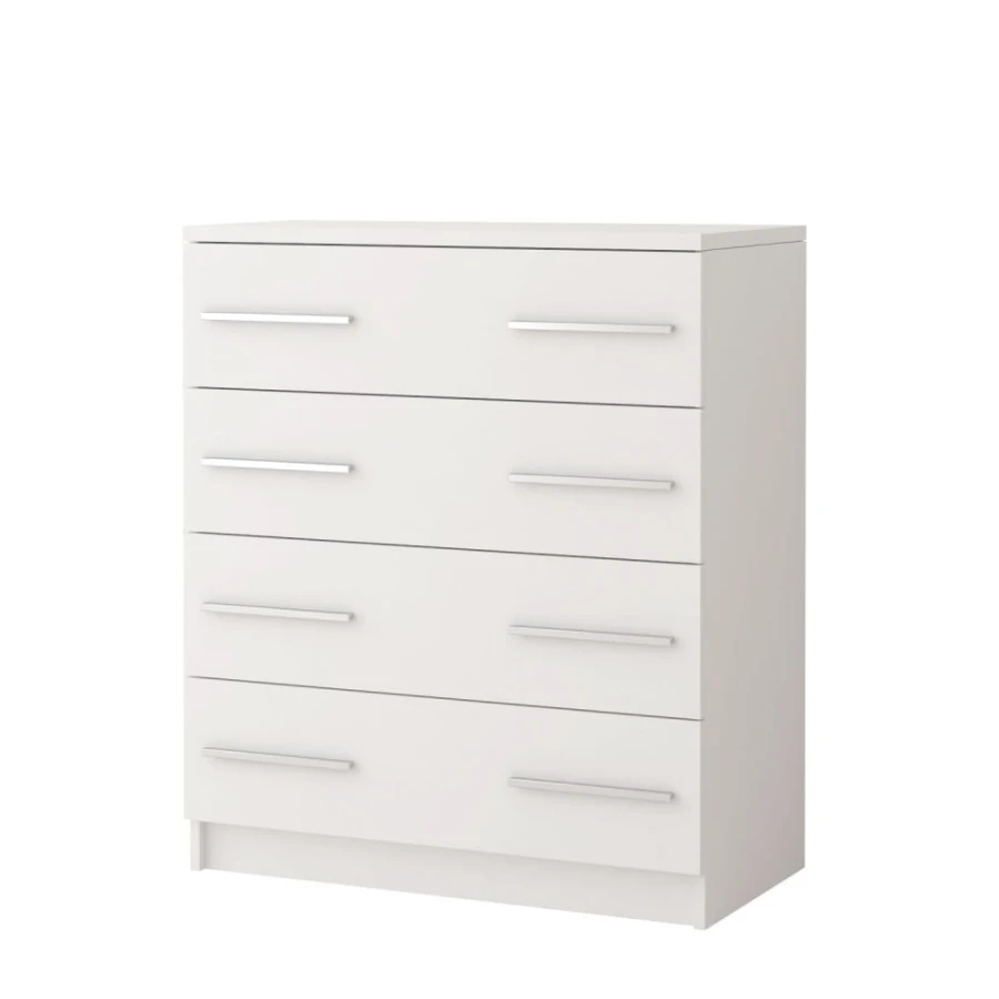 Klassische weiße Kommode mit vier Schubfächern und minimalistischen silbernen Griffen.