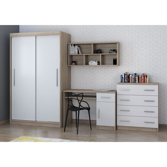 Modernes Jugendzimmer Set in Eiche und Weiß mit Kleiderschrank, Schreibtisch, Wandregal und Kommode.