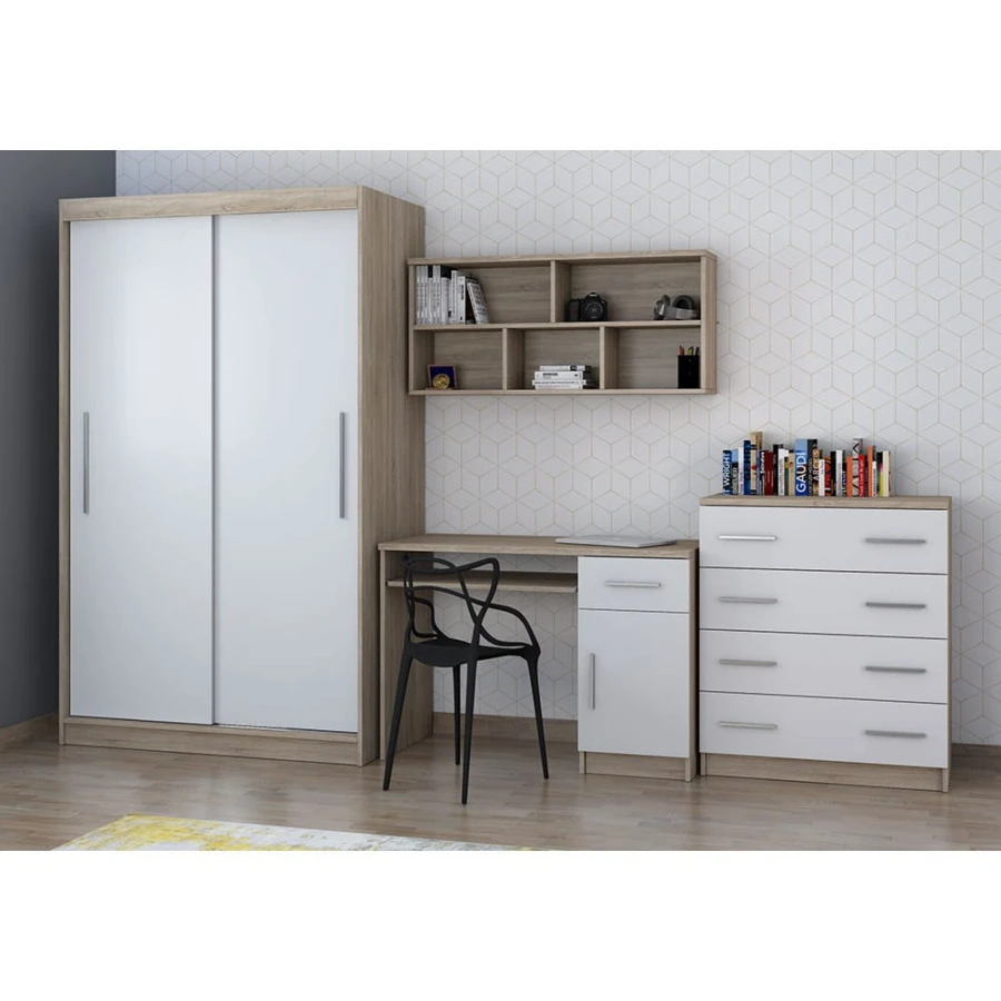 Modernes Jugendzimmer Set in Eiche und Weiß mit Kleiderschrank, Schreibtisch, Wandregal und Kommode.
